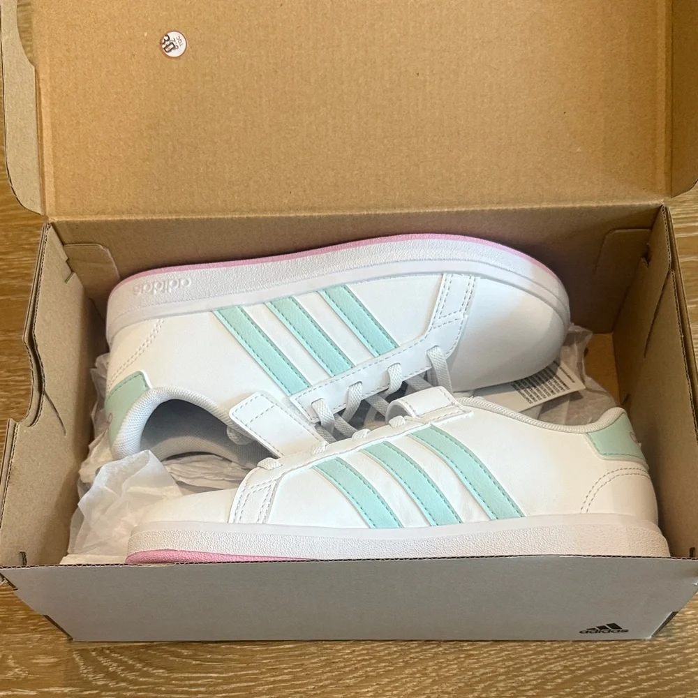 Adidas Kids White Sneakers with Mint Stripes